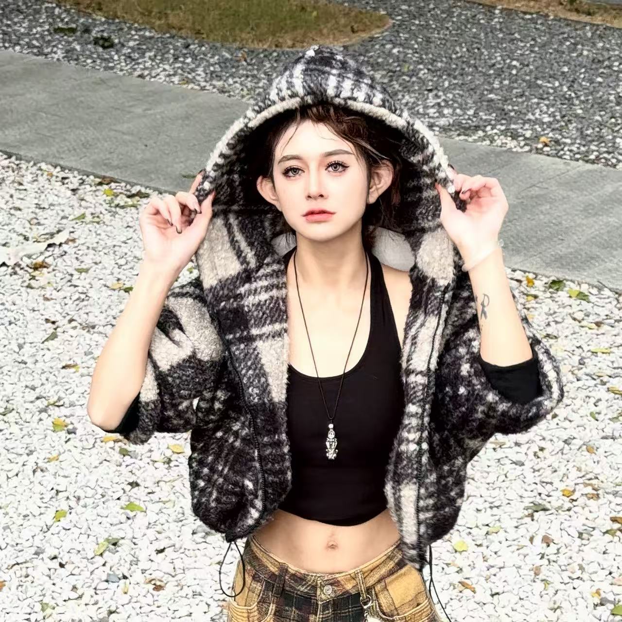 「鹿哥原创」冬季千鸟格子条纹连帽/立领短款设计感上衣外套女