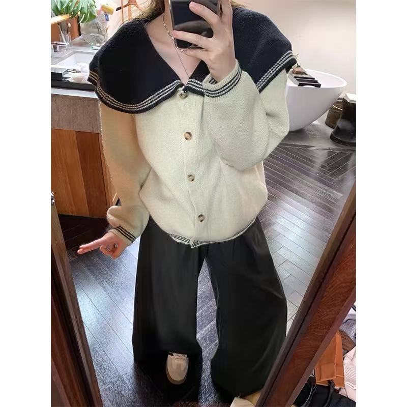 6017海军领毛衣针织开衫外套女秋冬季新款爆款加厚慵懒风上衣 