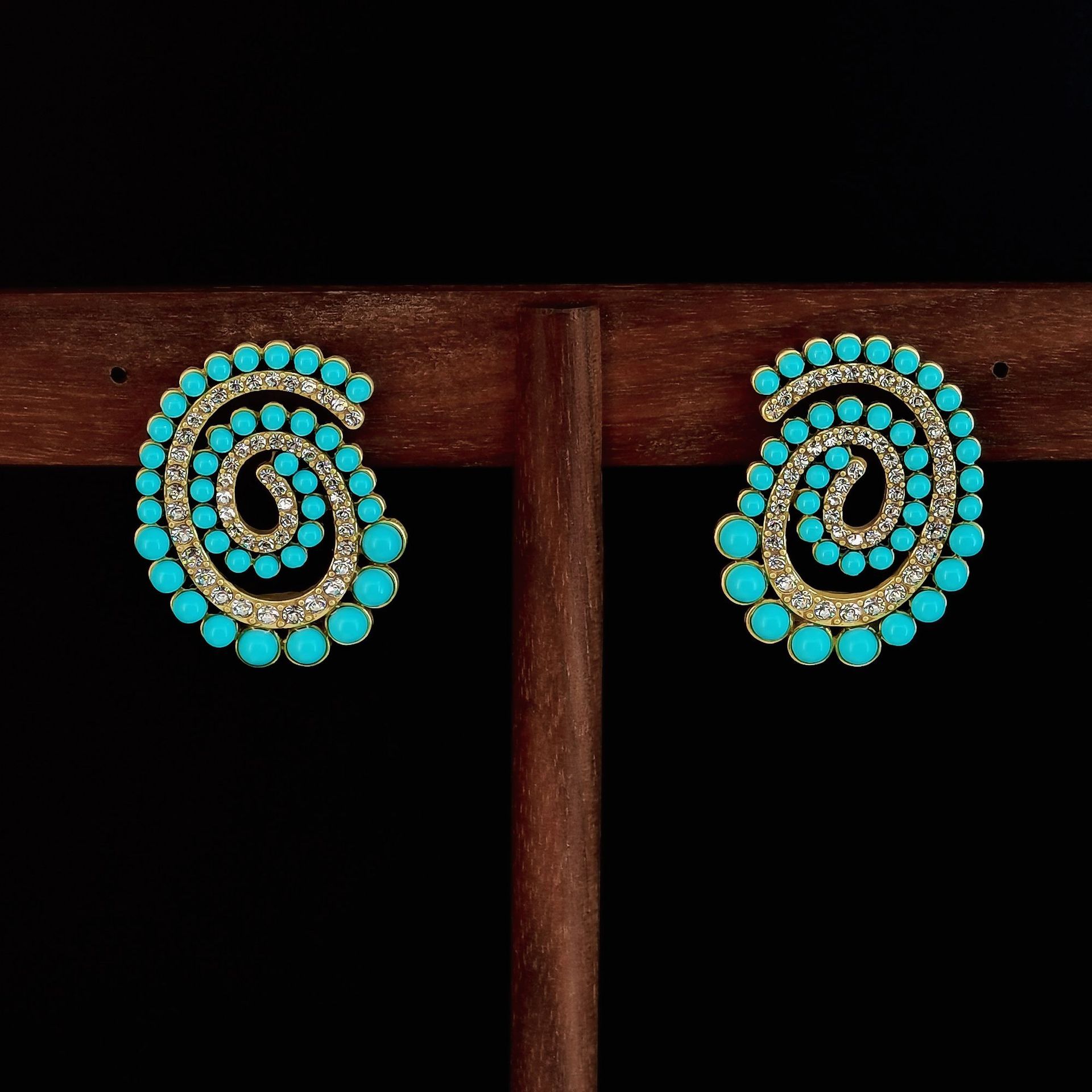 铜合金树脂耳饰 复古宫廷风镶锆蓝色螺旋线圈椭圆耳钉