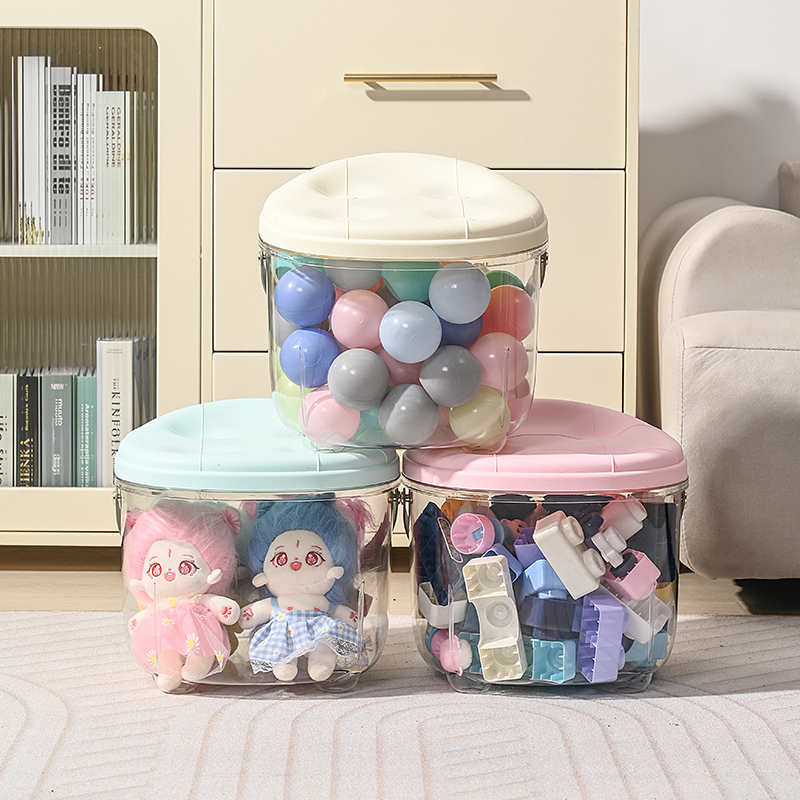 妙立收纳凳娃娃毛绒玩具收纳神器透明多功能手提储物箱可坐收纳桶