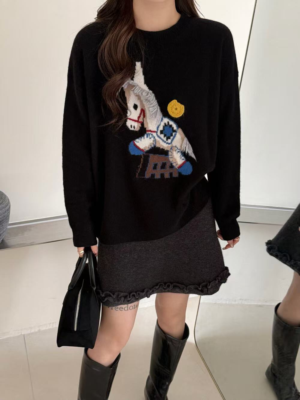 9552-3932 小马提花刺绣宽松加厚百搭韩版毛针织衫套头