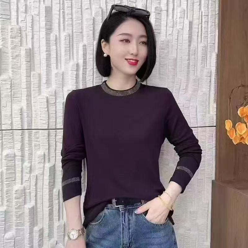 【精品羊绒】秋季新半高领圆领洋气百搭烫钻气质显瘦打底衫女士上衣