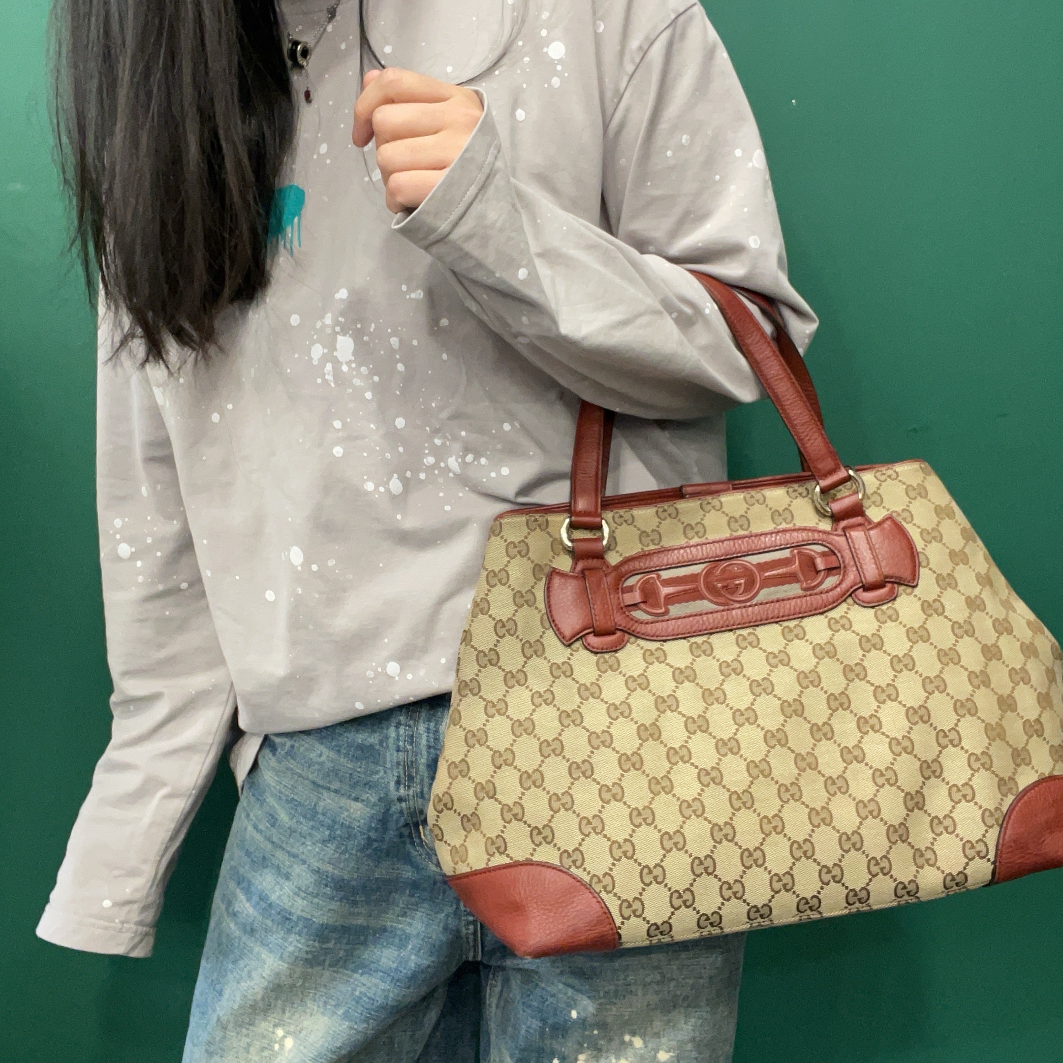 95新 GUCCI/古驰 【KK】 03 1117 满印帆布拼酒红皮单肩包