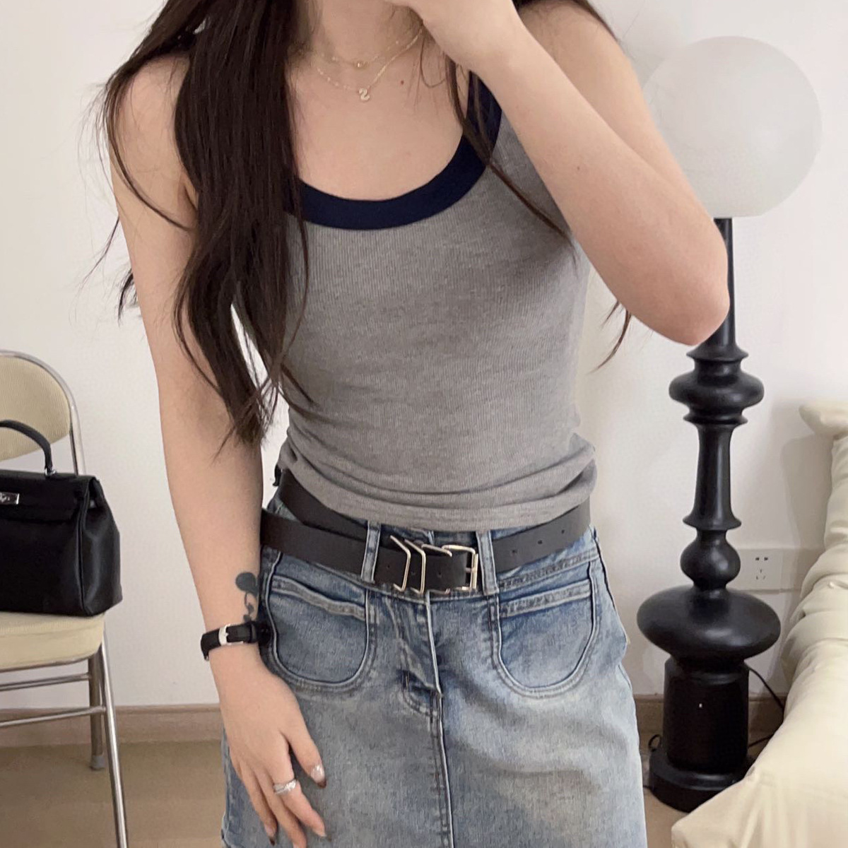 宽肩吊带撞色背心女微胖夏季外穿内搭遮副乳修身螺纹棉弹力上衣