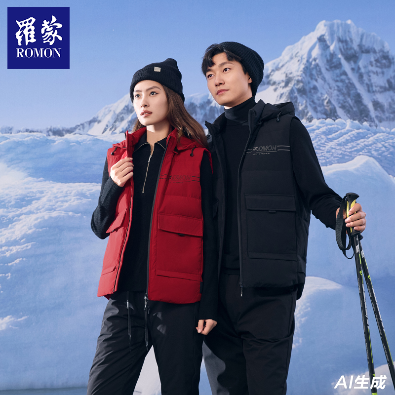 罗蒙男女户外百搭连帽90绒大口袋连帽马甲6Y213201