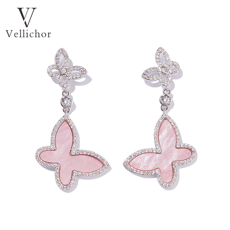 铜合金耳饰 灵动粉色双蝴蝶耳环女微镶轻奢小众设计气质耳钉耳饰