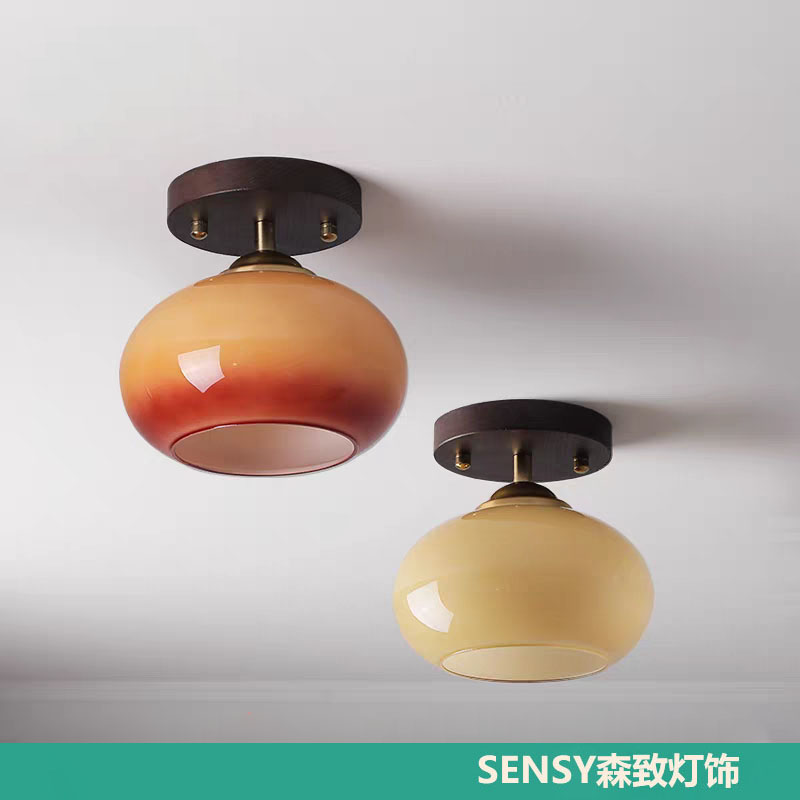 中古风阳台柿子灯复古奶油门厅入户过道走廊衣帽间飘窗实木吸顶灯