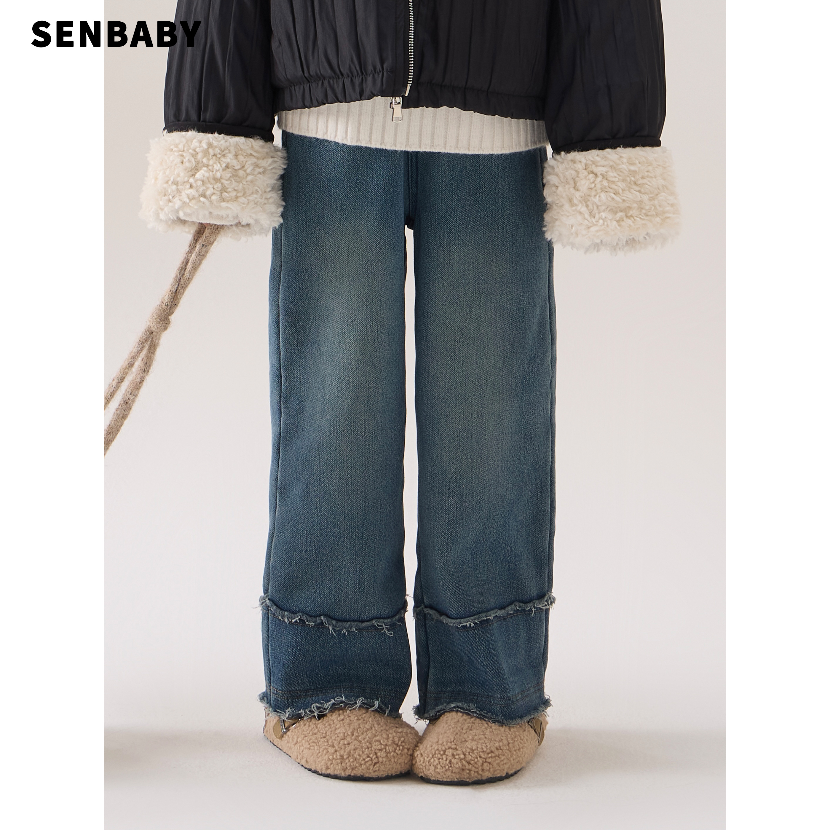 senbaby童装女童牛仔裤2025冬季新款儿童直筒长裤窄版加绒牛仔裤