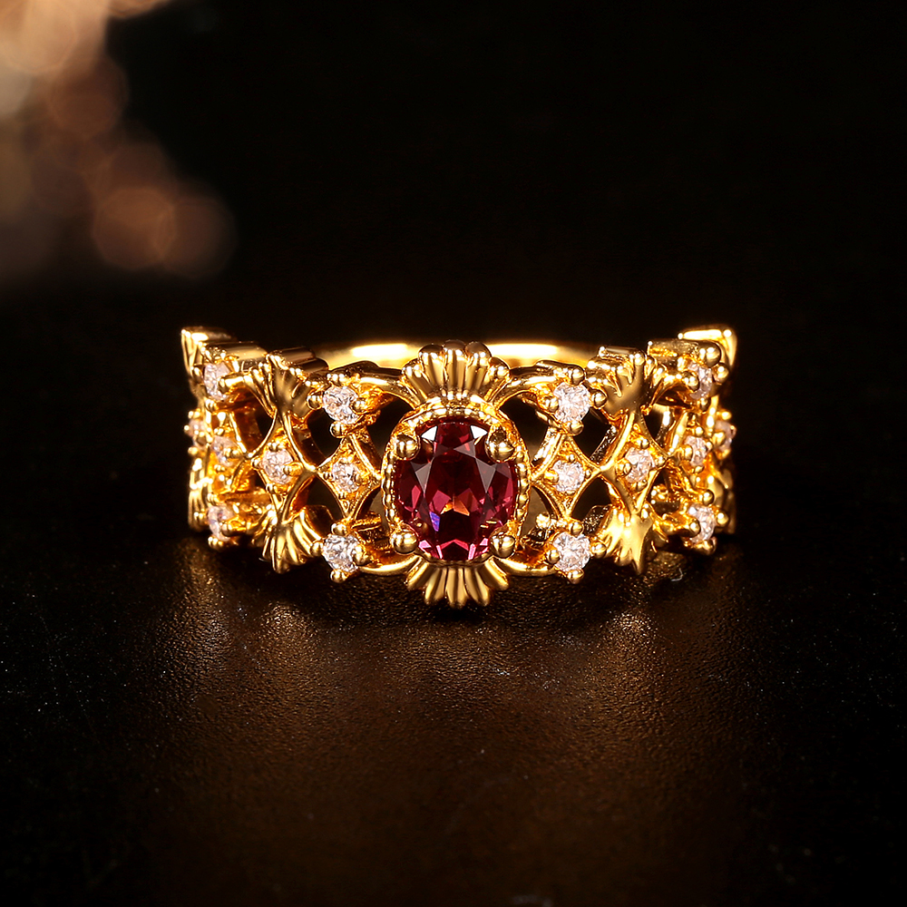 【柴柴】18k金石榴石花丝戒指 轻奢百搭