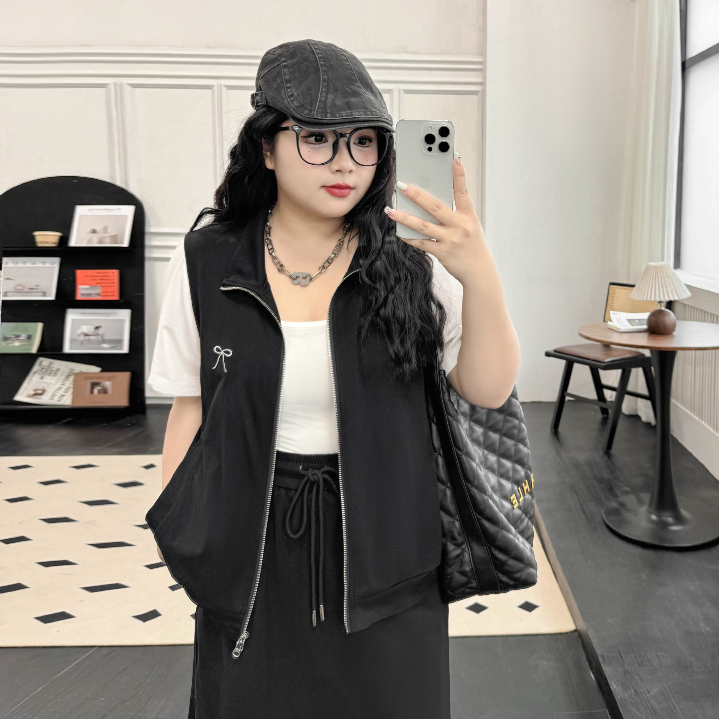 DX7601大码女装【韩系慵懒卫衣套装】假两件蝴蝶结刺绣半身裙两件套