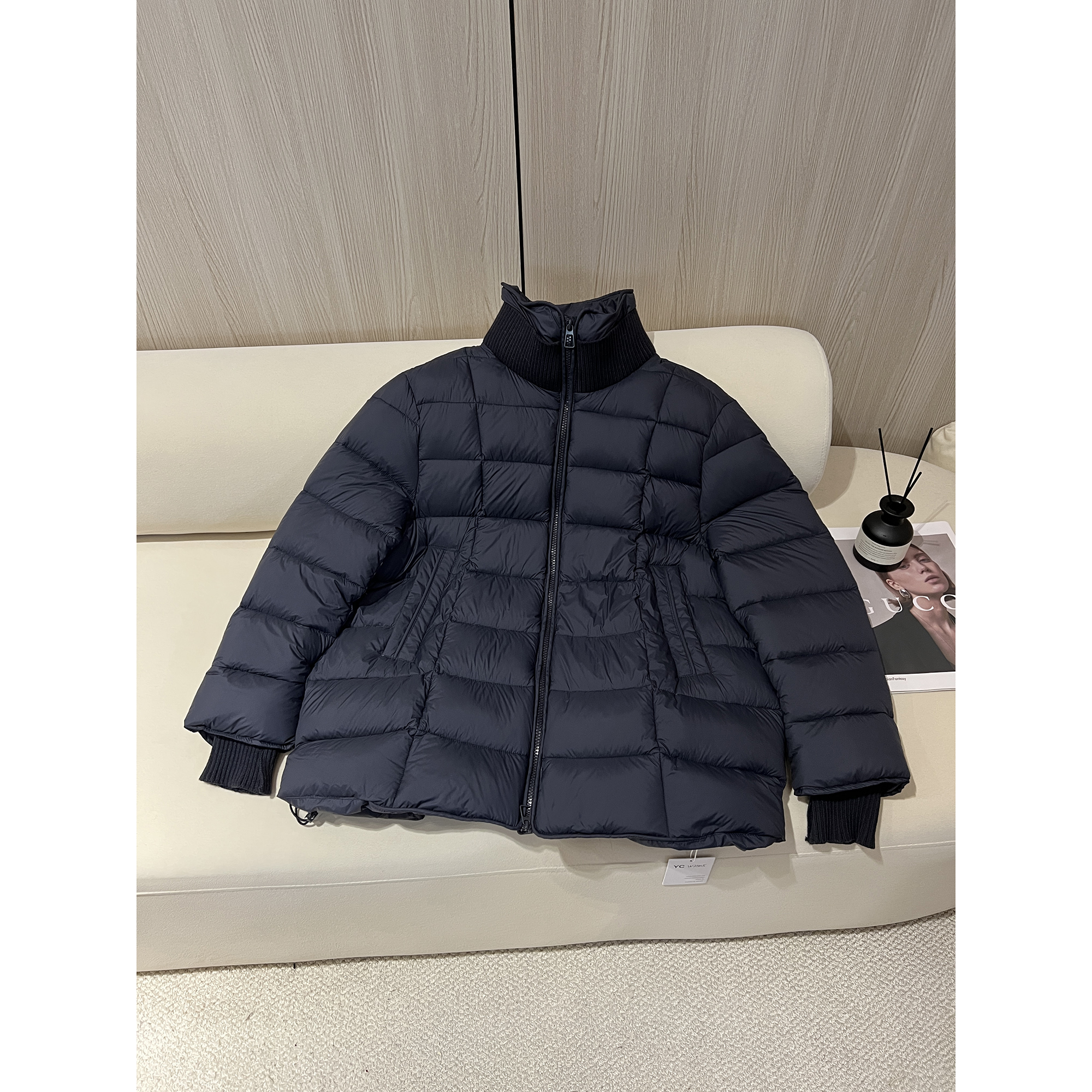 假两件拼接藏青色羽绒服外套W2505