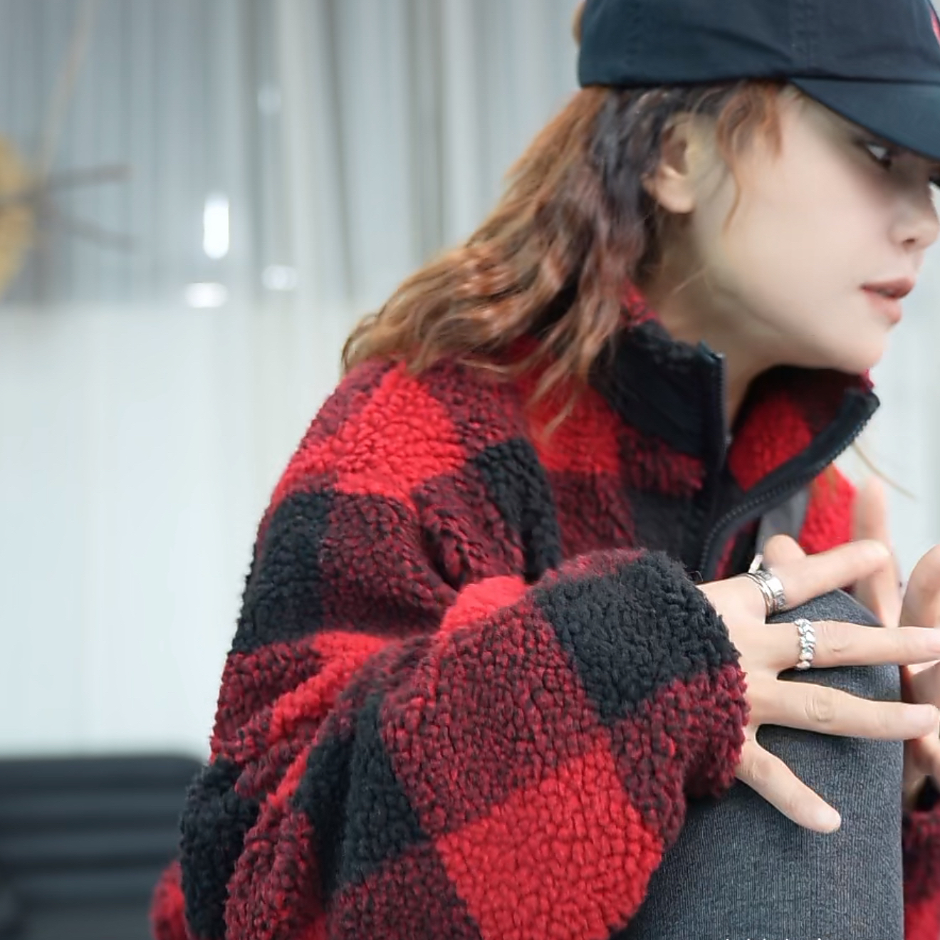 0912出口韩国格子外套秋冬反季复古质感拼接摇粒绒中长款立领外套