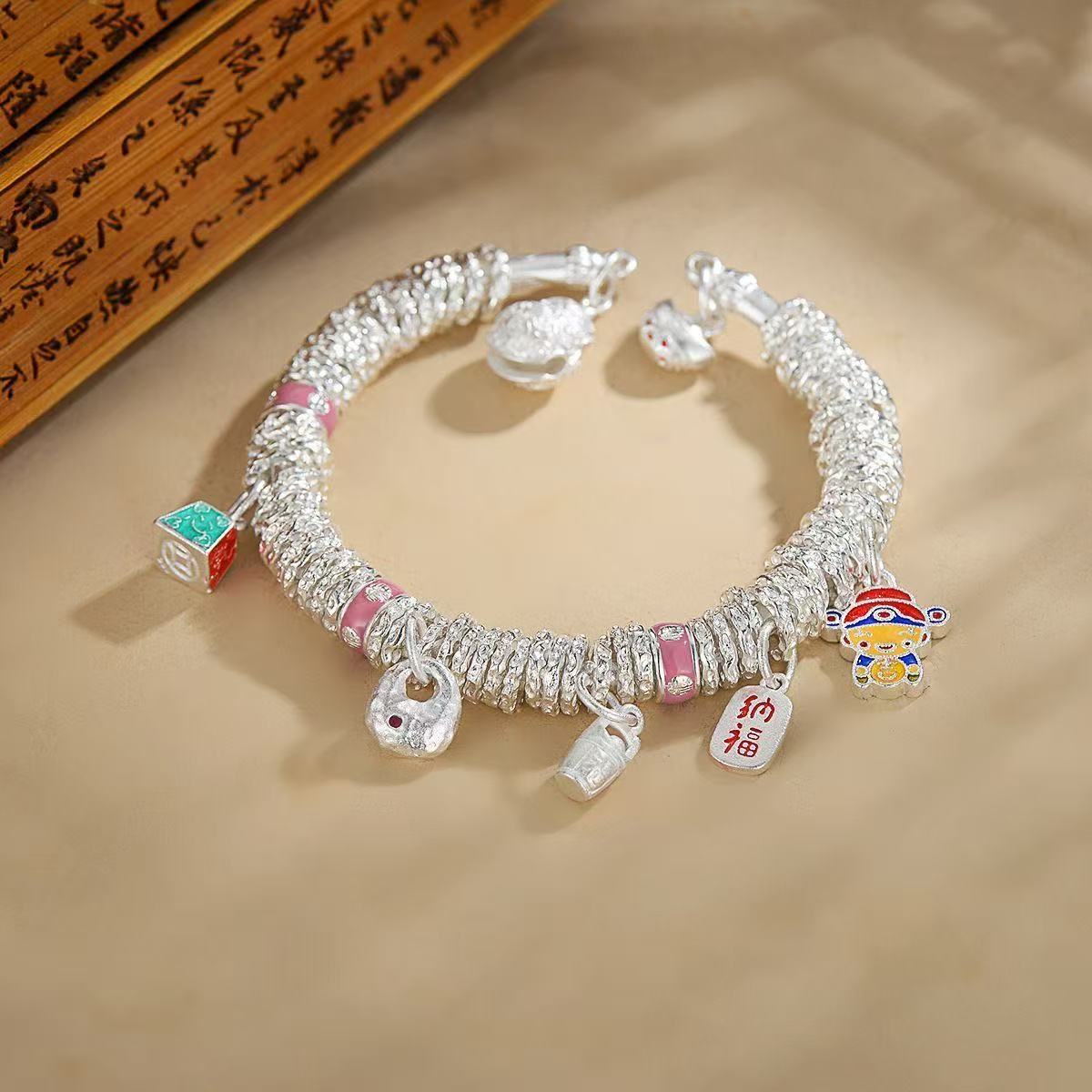 999.9银【称心如意】珐琅秤砣葫芦盘缠 镯