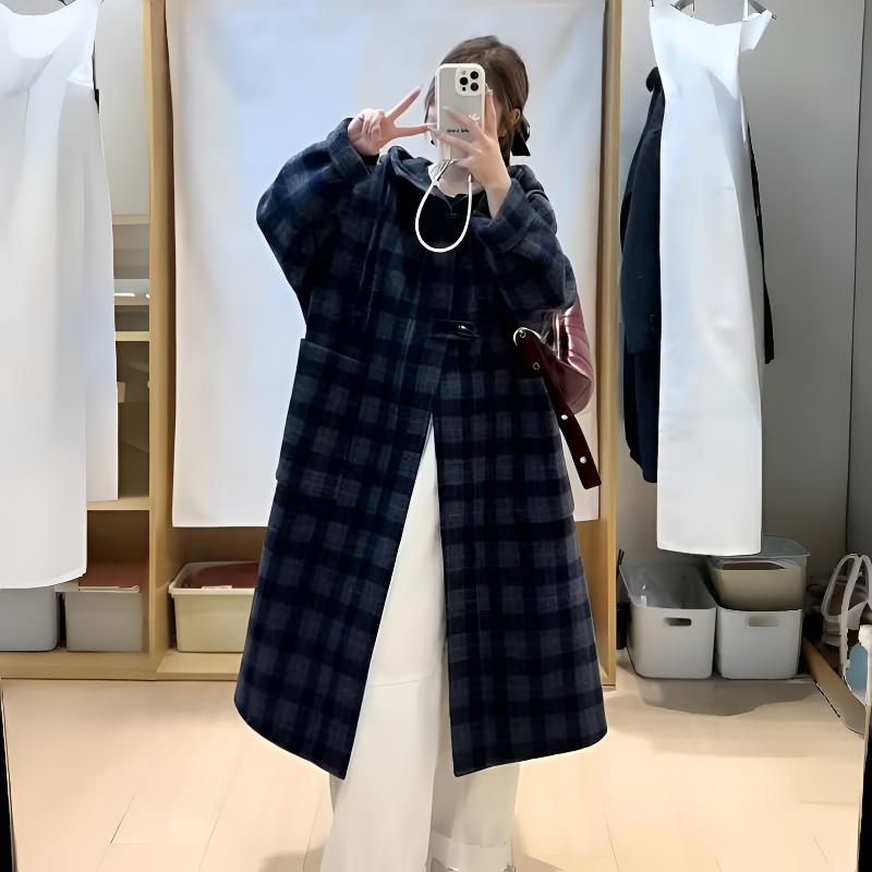 彩格韩系连帽毛牛角扣羊毛大衣秋冬新款气质美学款毛呢外套女