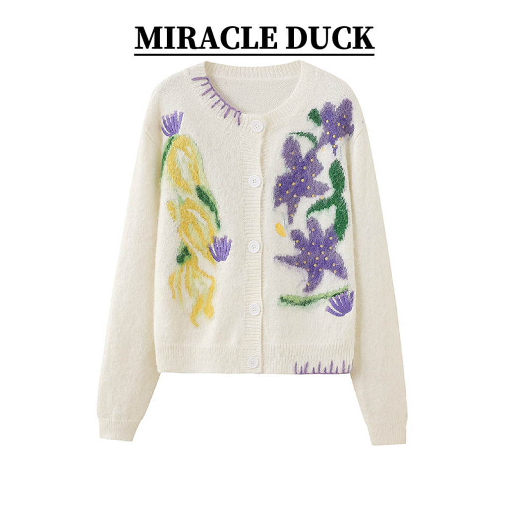 【夜花园】春秋冬时尚设计南洋花卉刺绣圆领针织开衫C1883