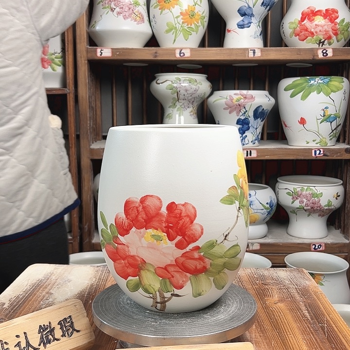 摆件但盆红牡丹陶瓷
