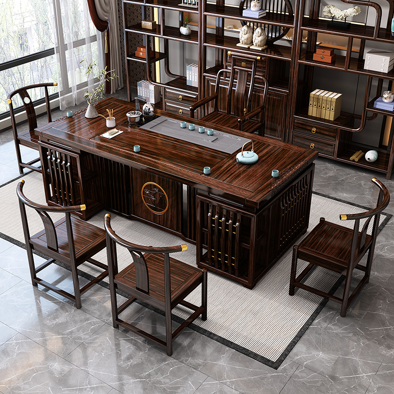 乌金木实木茶桌椅组合现代茶台新中式泡茶阳台带烧水壶一体茶几