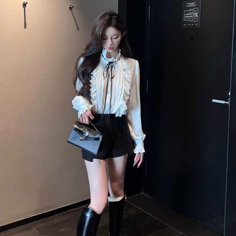 【两件套】【有裤里】春秋款女蕾丝木耳边内搭衬衫半身裙套装D3175