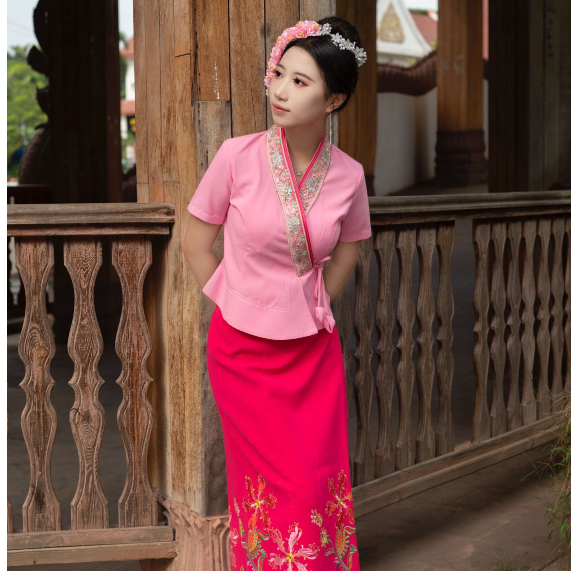 西双版纳傣装夏季薄款粉短袖气质新中式国风少数民族服装傣族服饰