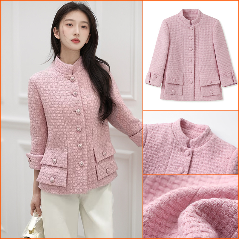 2025春季新品小香风淡粉色格纹单排扣粗花时尚设计感外套女