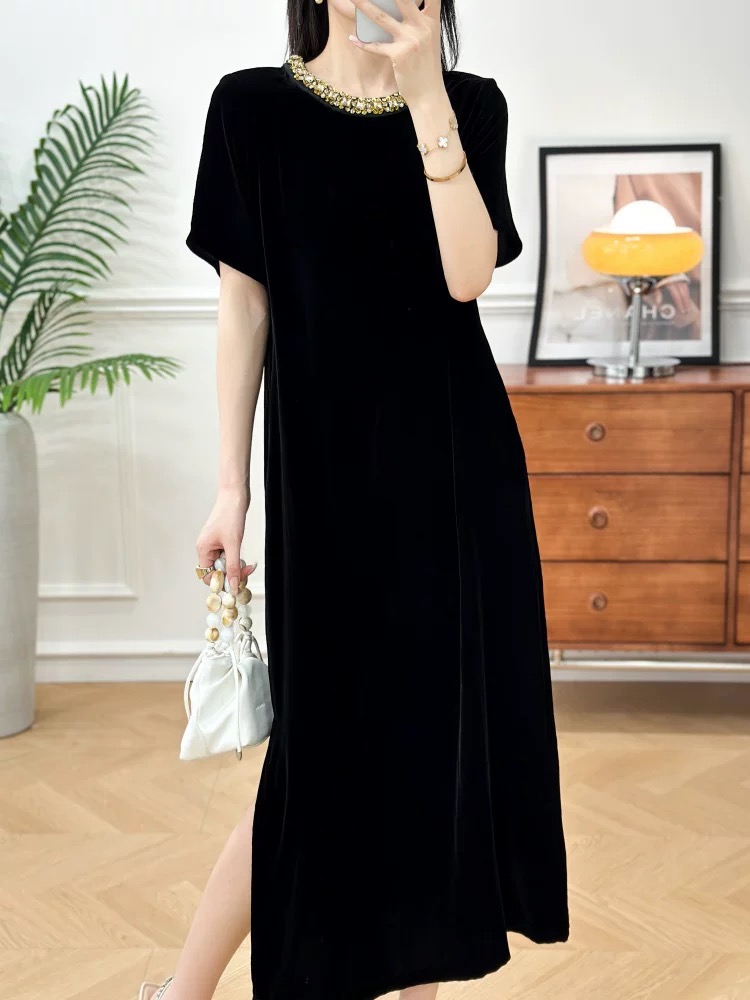 Momo2025桑蚕丝真丝丝绒夏季百搭新中式国风气质减龄显瘦连衣裙