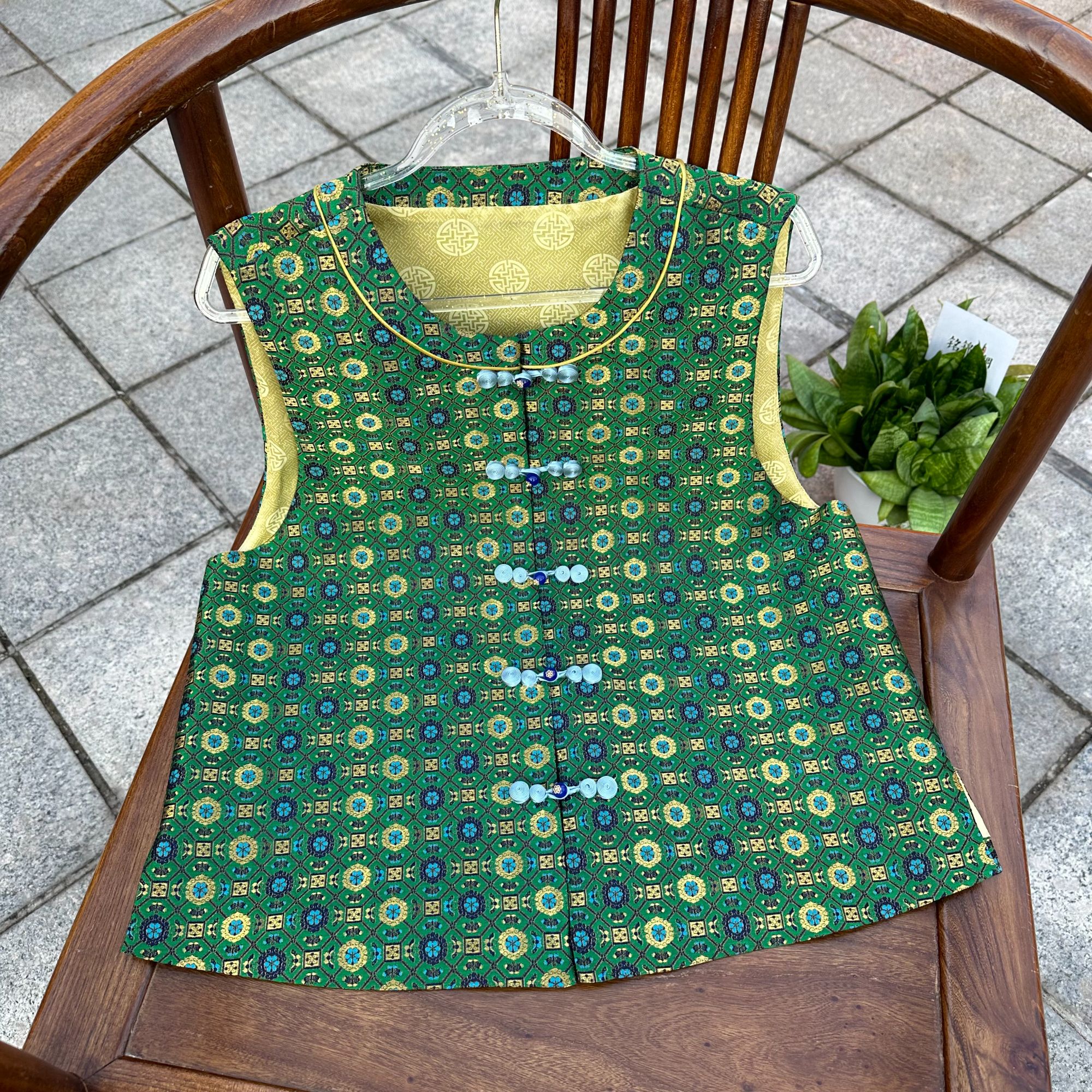 【现货实拍】上久楷新中式马甲国风宋锦上衣时尚百搭【绿四达】