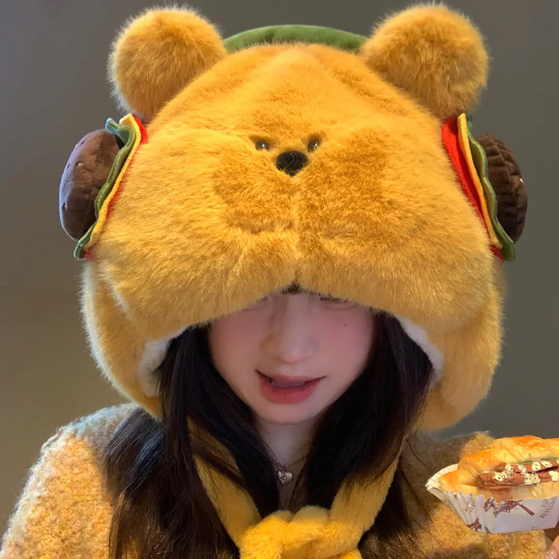 可爱汉堡小熊毛绒帽子女秋冬加绒加厚保暖大围显脸小护耳雷锋帽