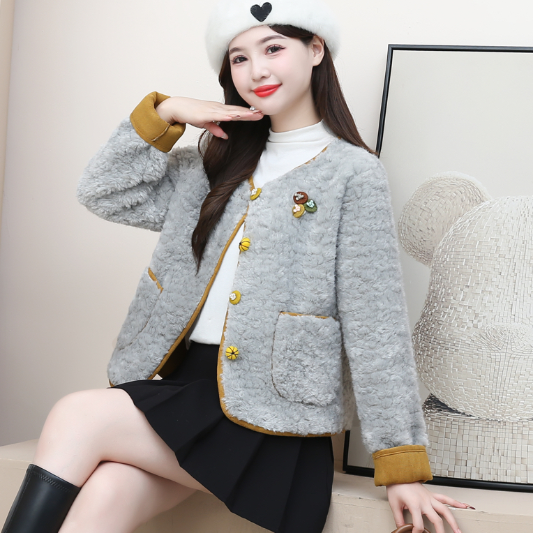 2025新款加厚拼色皮毛一体韩系风减龄短外套