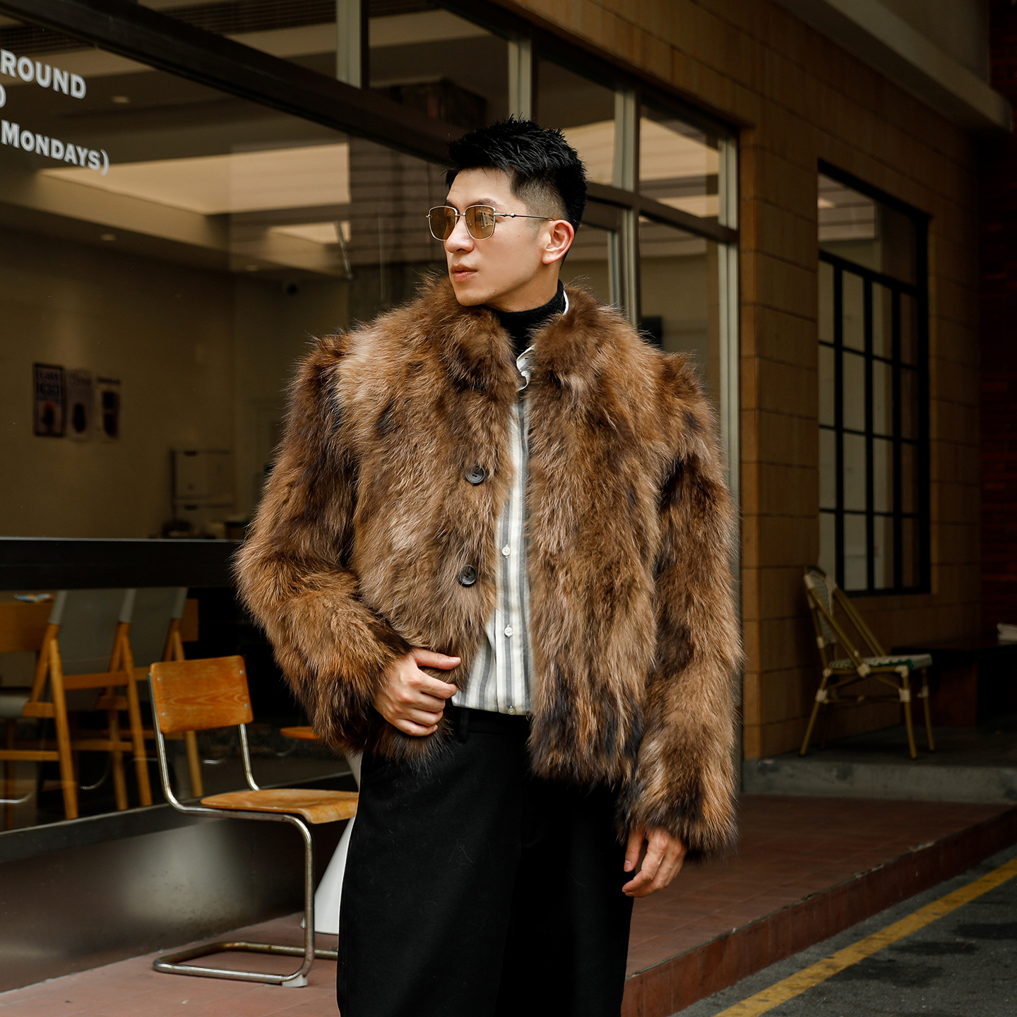 原创网红炸街时尚貉子毛皮草外套皮毛一体男装冬季加厚毛毛大衣