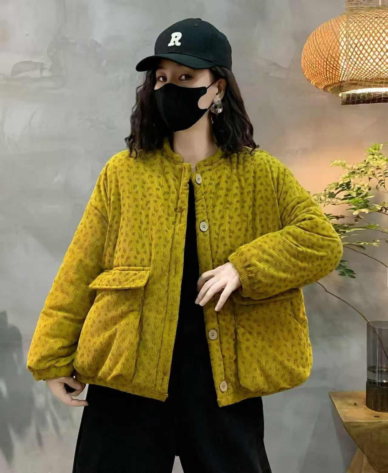 2025新款冬季百搭时尚大口袋印花减龄单排扣拼接保暖棉衣外套