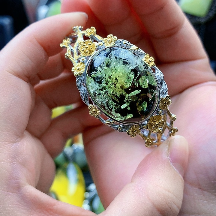 琥珀裸石银S925镶嵌手镯