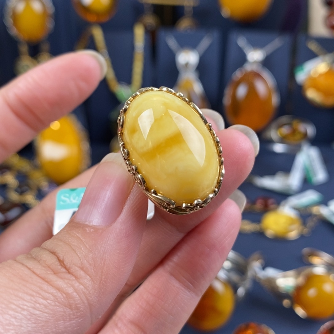 琥珀戒指银S925镀金镶嵌