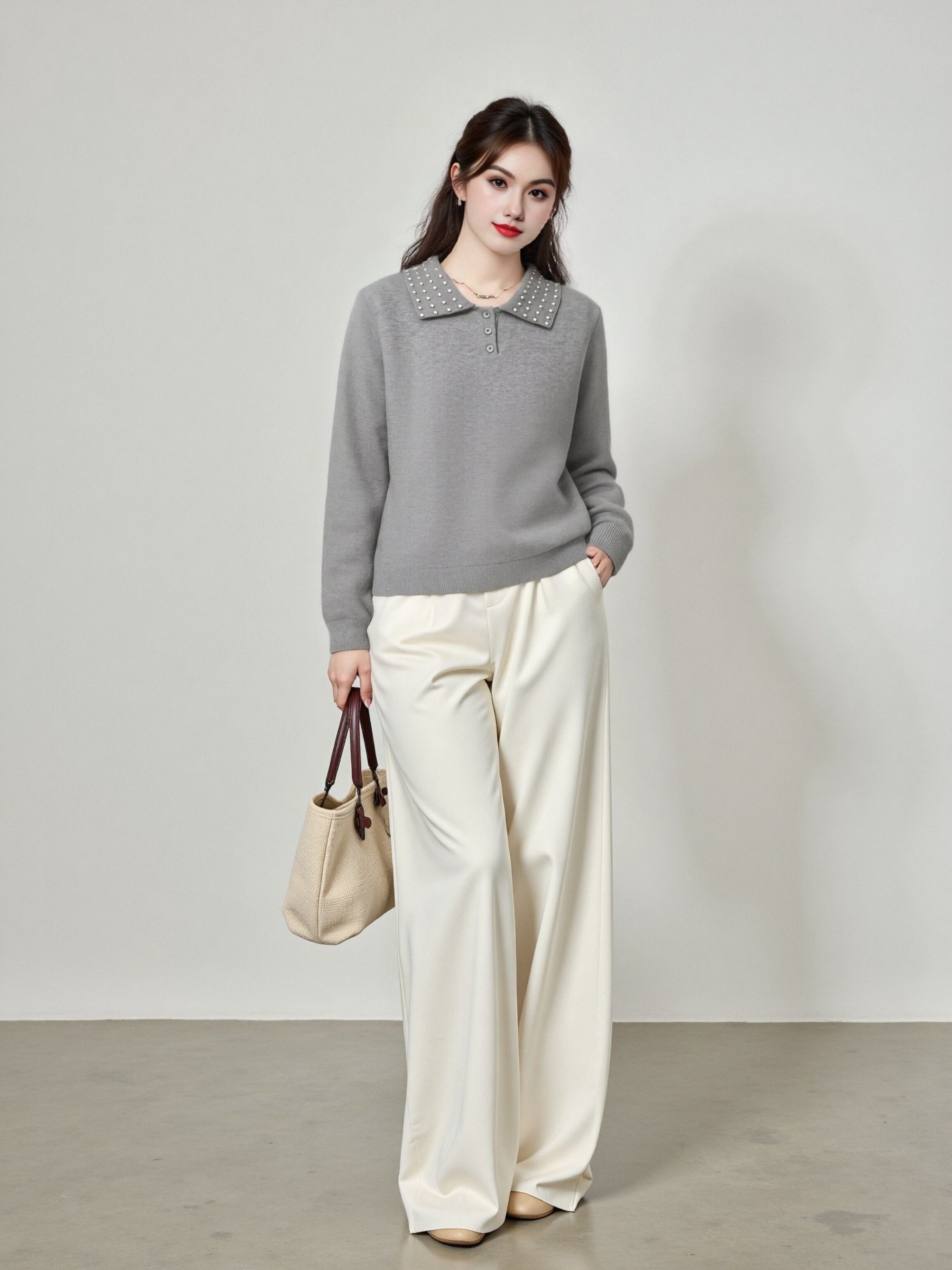 大码女装设计感钉珠polo领上衣2025冬胖mm休闲毛衣女针织衫23370