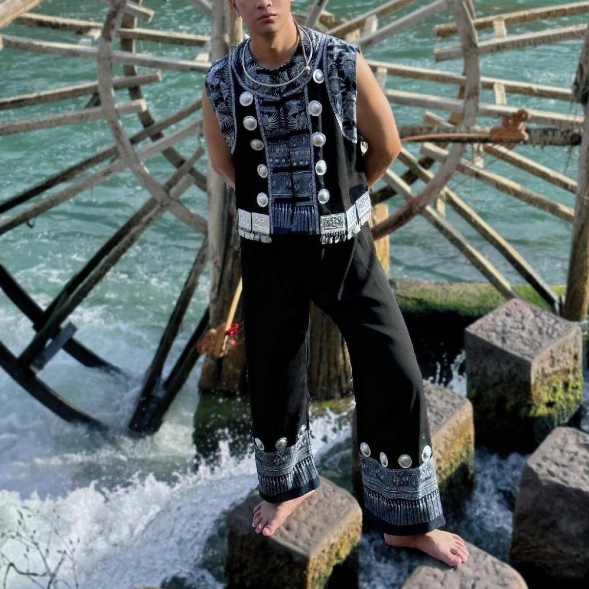民族风中长款舞蹈服见外包装流苏国风汉服四季通用男款