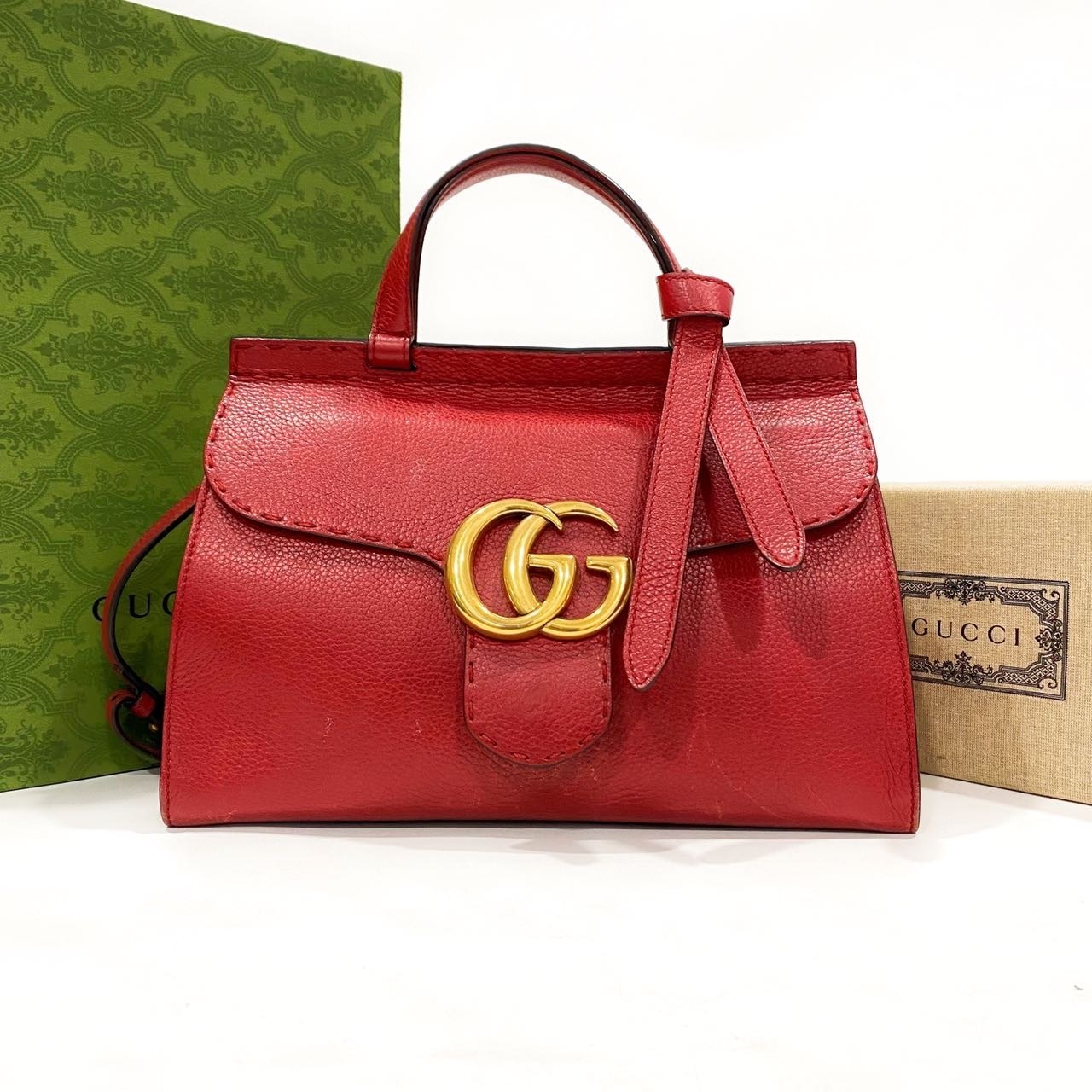 95新 GUCCI/古驰 牛皮红色金标三角包手提包单肩包