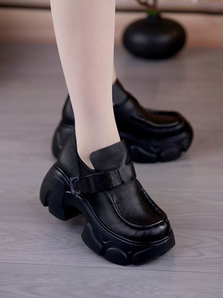 小个子松糕厚底增高单鞋女秋季新款休闲皮鞋圆头皮带扣深口鞋