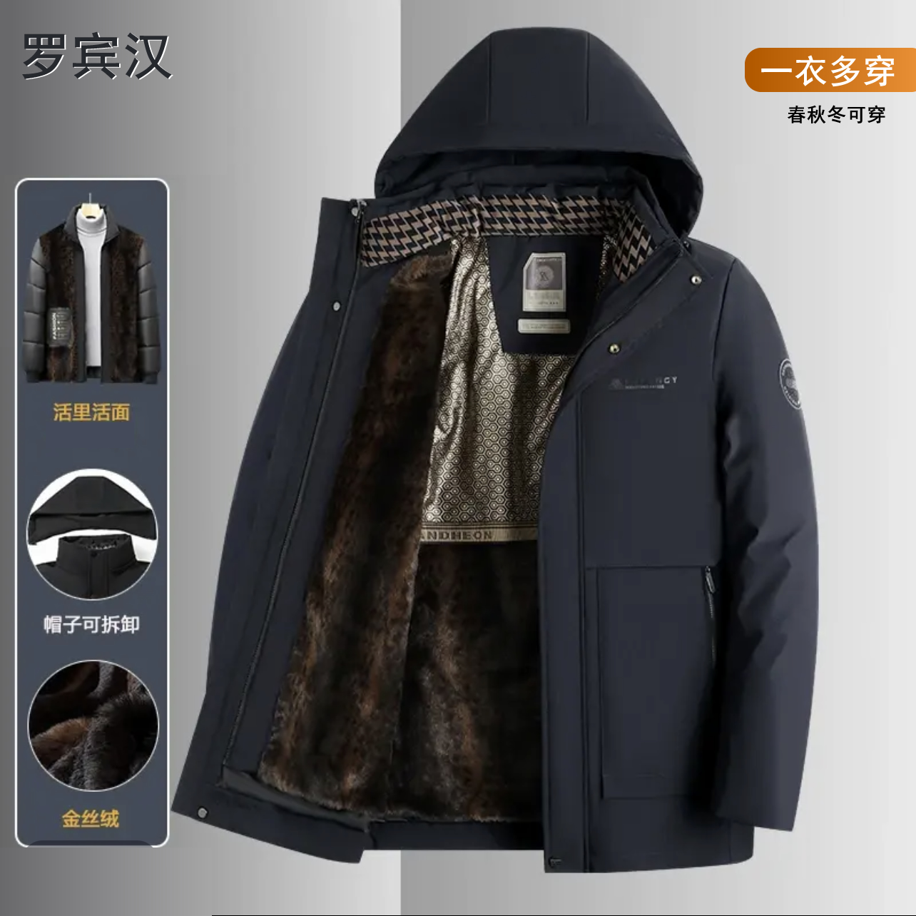 【可脱内胆】罗宾汉加绒加厚棉衣棉服中长款男棉衣保暖冬季棉袄外套