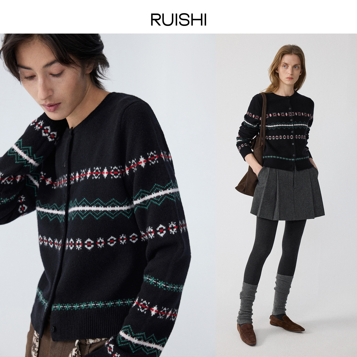 RUISHI芮时星空絮语费尔岛提花针织羊毛圆领开衫女冬R25C107605