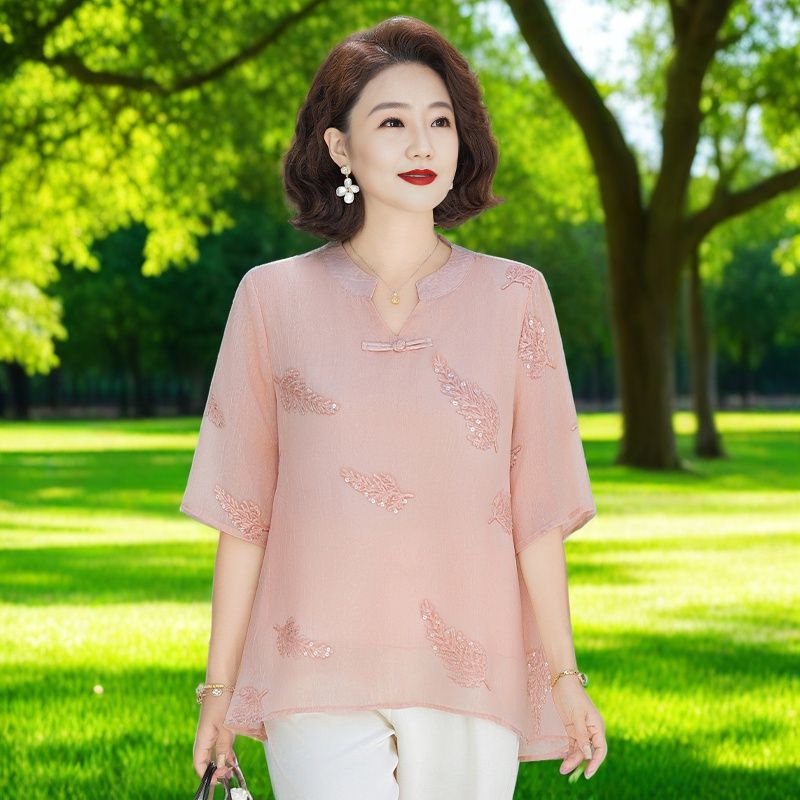 2025夏季新中式国风中老年妈妈装上衣时尚百搭女遮肉显瘦小衫套装
