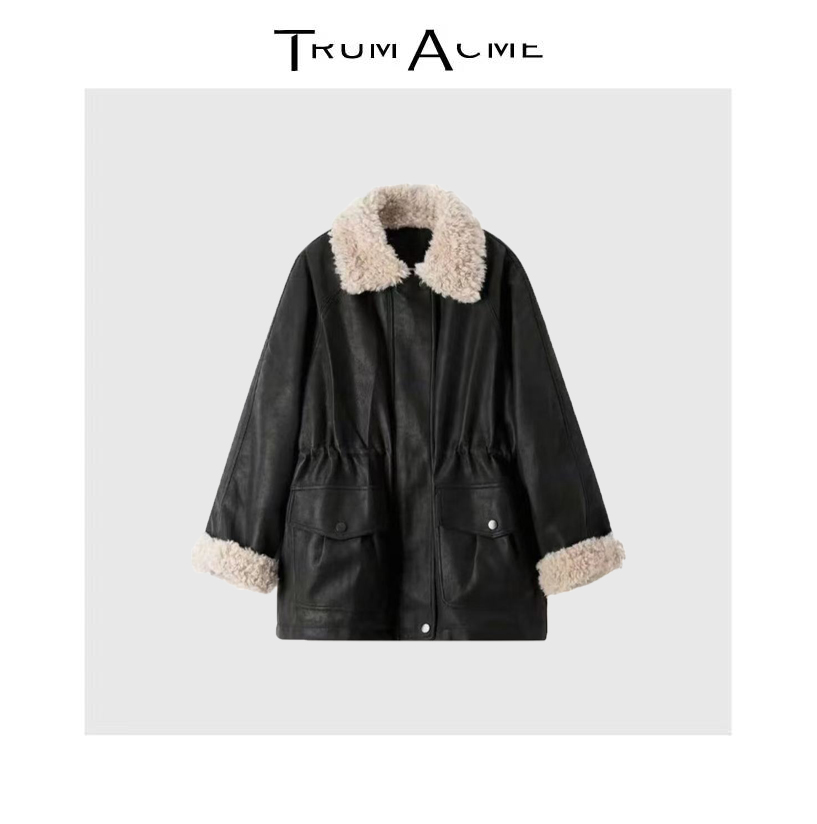 设计感加绒加厚皮衣拼接毛领中长款外套