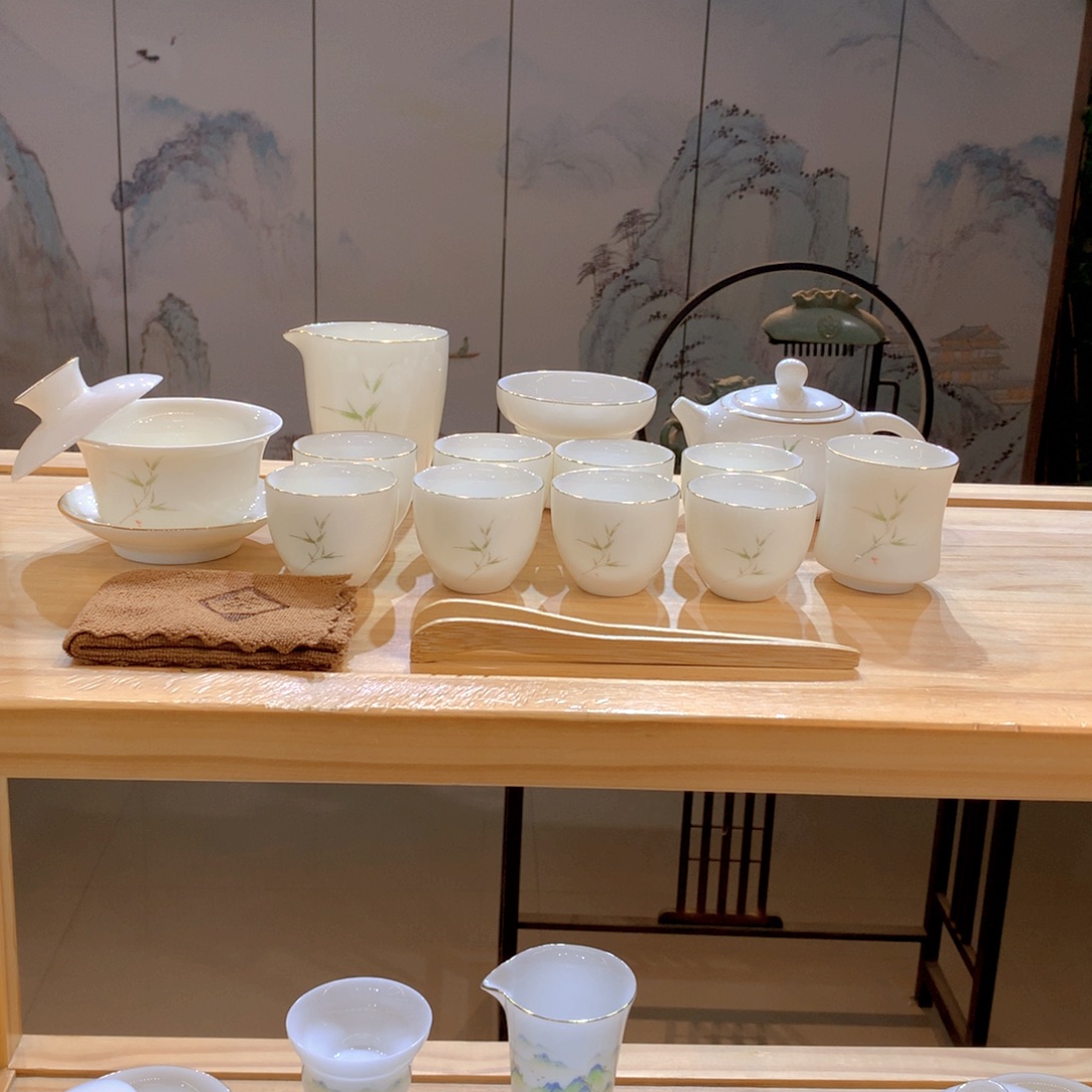 羊脂玉瓷竹报平安16件套功夫茶具