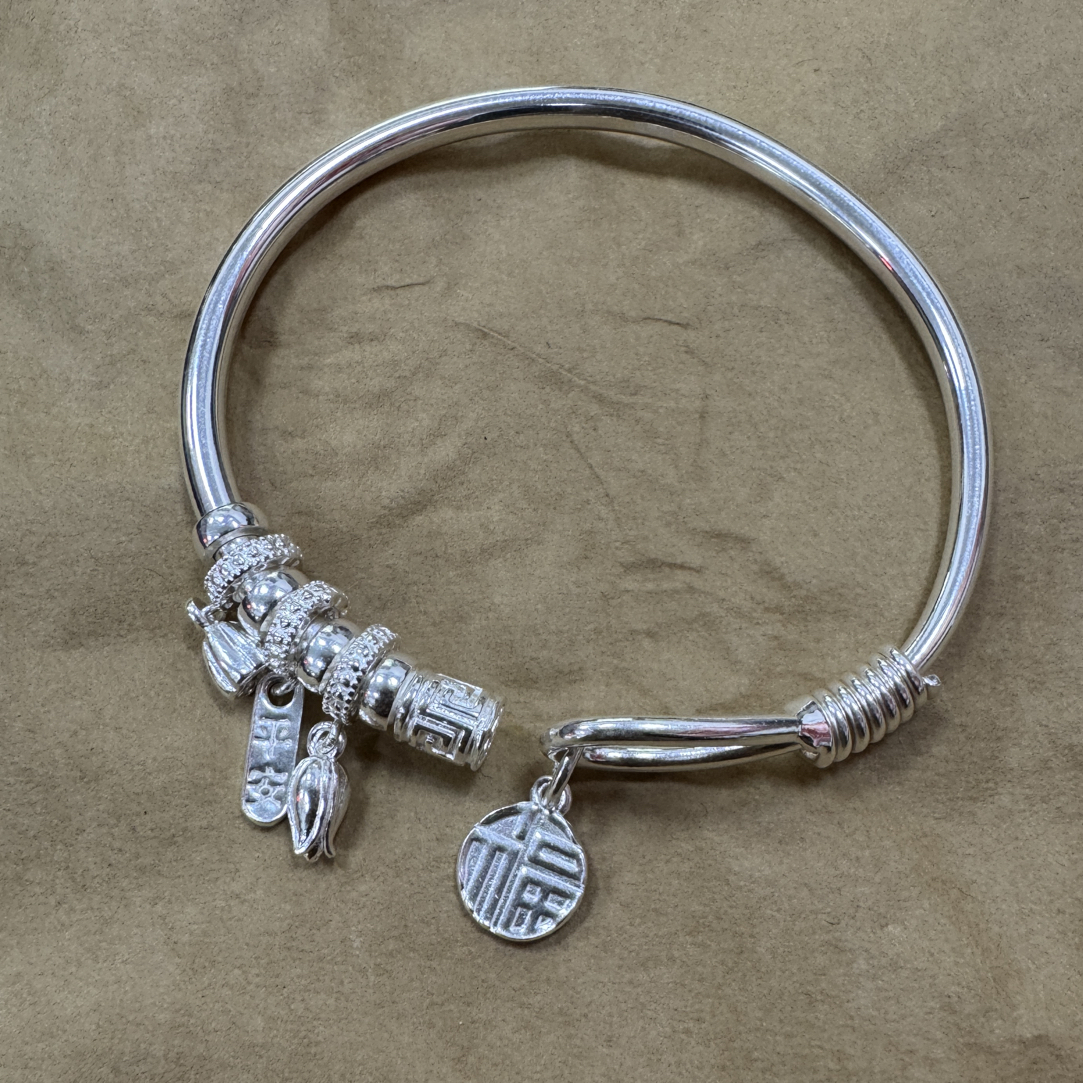 足银手镯 新款手工定制 999足银福莲喜乐牌开口实心女款手镯