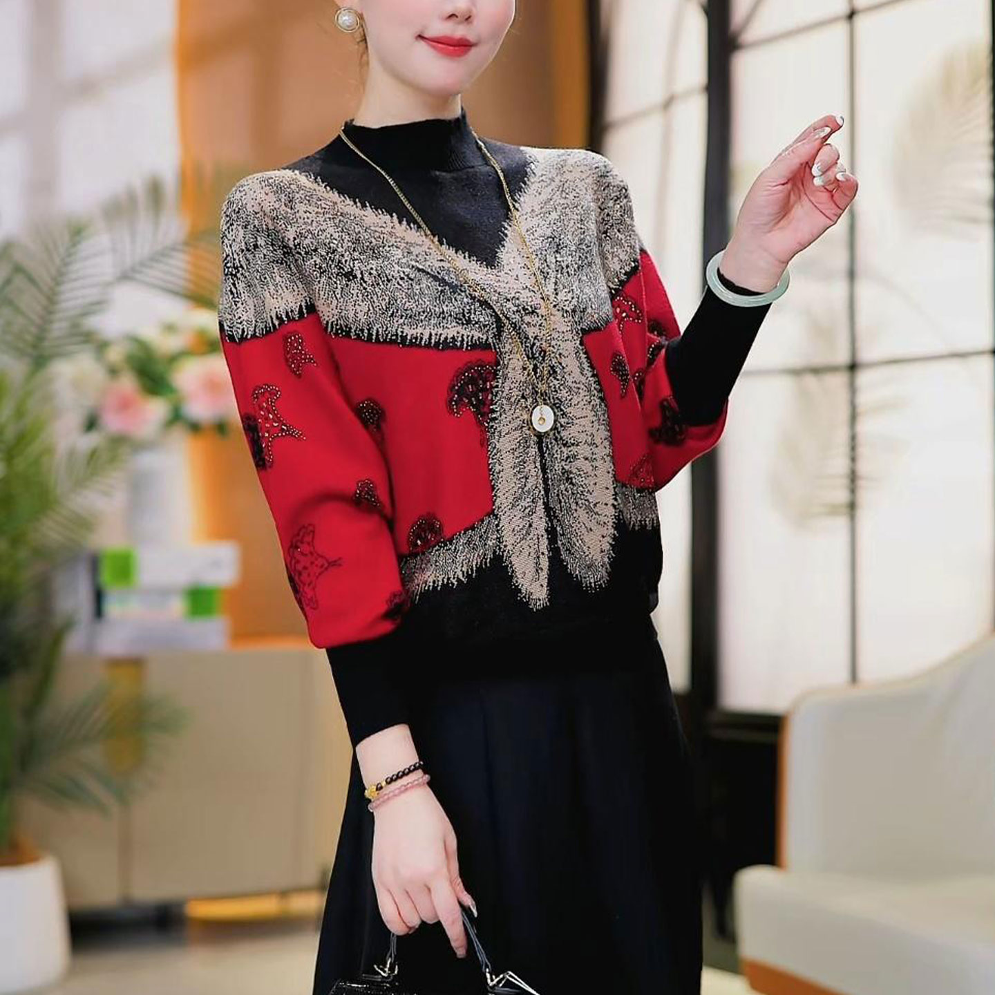 2025冬季新款时尚洋气提花长袖针织衫女百搭减龄宽松显瘦打底上衣