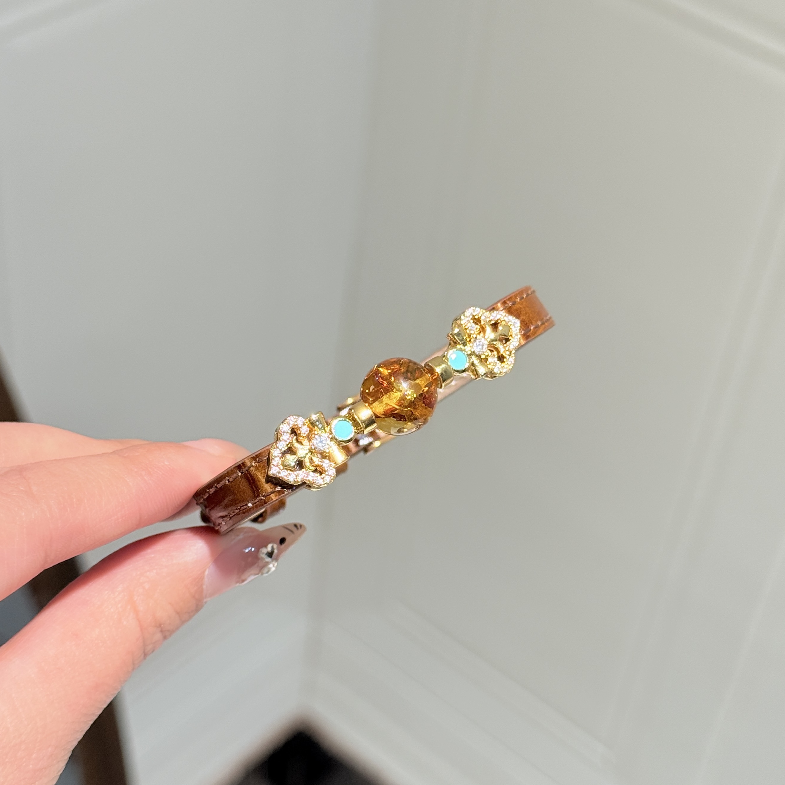 A121天然花珀皮革表带气质手链手饰