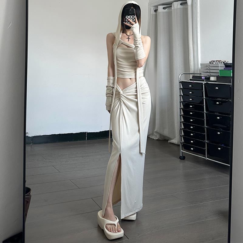 夏季辣妹废土风斜肩吊带上衣帽子侧开叉修身显瘦半身裙时尚套装女