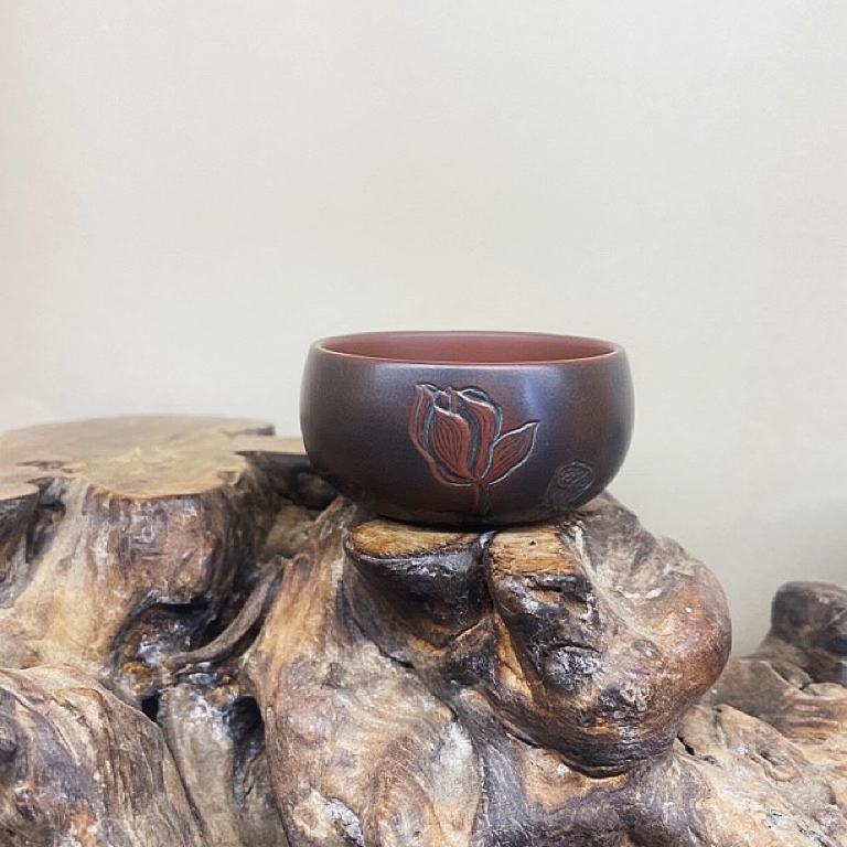 广西钦州坭兴陶手工制作浮雕荷花禅定主人茶杯约60毫升