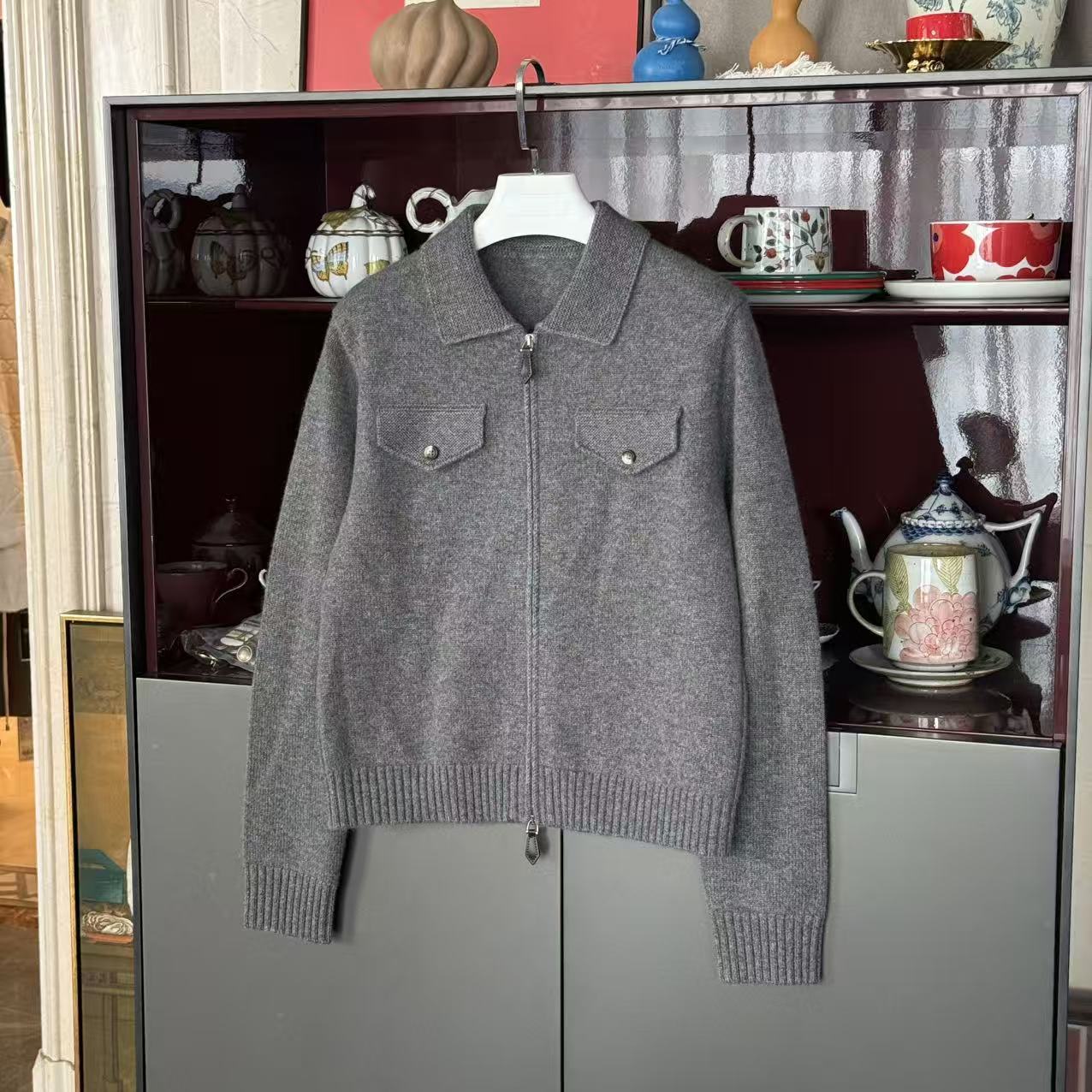 MYL 2025秋冬新品康赛妮羊绒灰色针织开衫翻领长袖拉链针织上衣