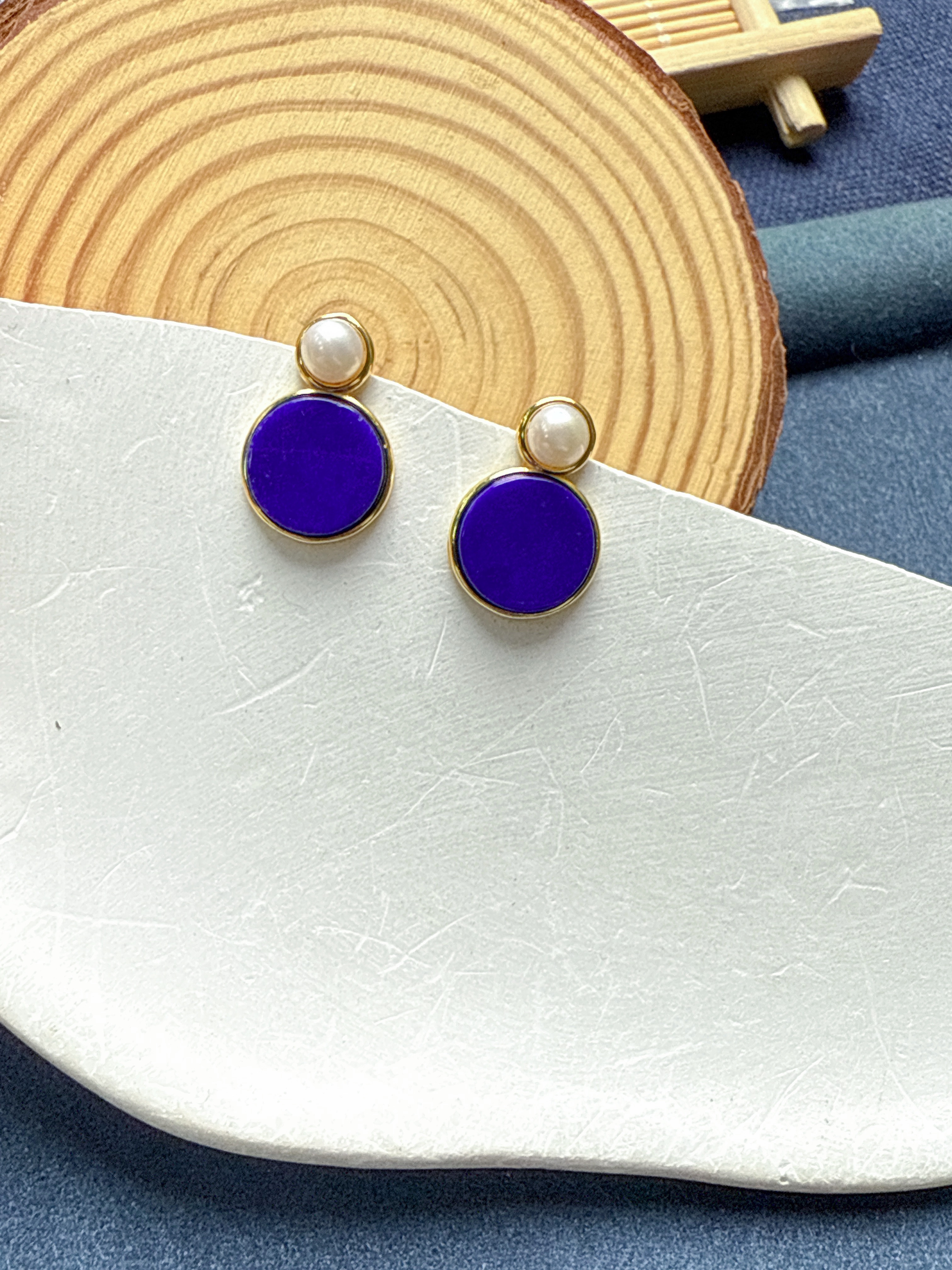 青金石圆形耳钉S925银