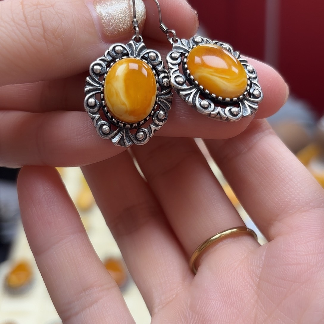 琥珀裸石银S925镶嵌45耳坠