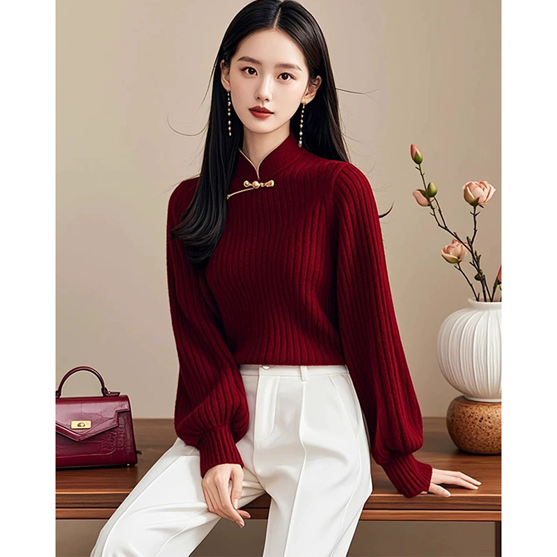 YS#好看新中式轻国风安克拉红盘扣立领毛衣女针织衫上衣DY11977